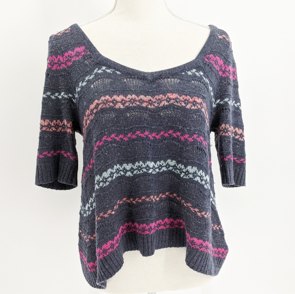 Free People Open Knit Striped Short Sleeve Sweater